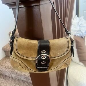 Coach Tan and Black Suede Bag with Silver Buckle